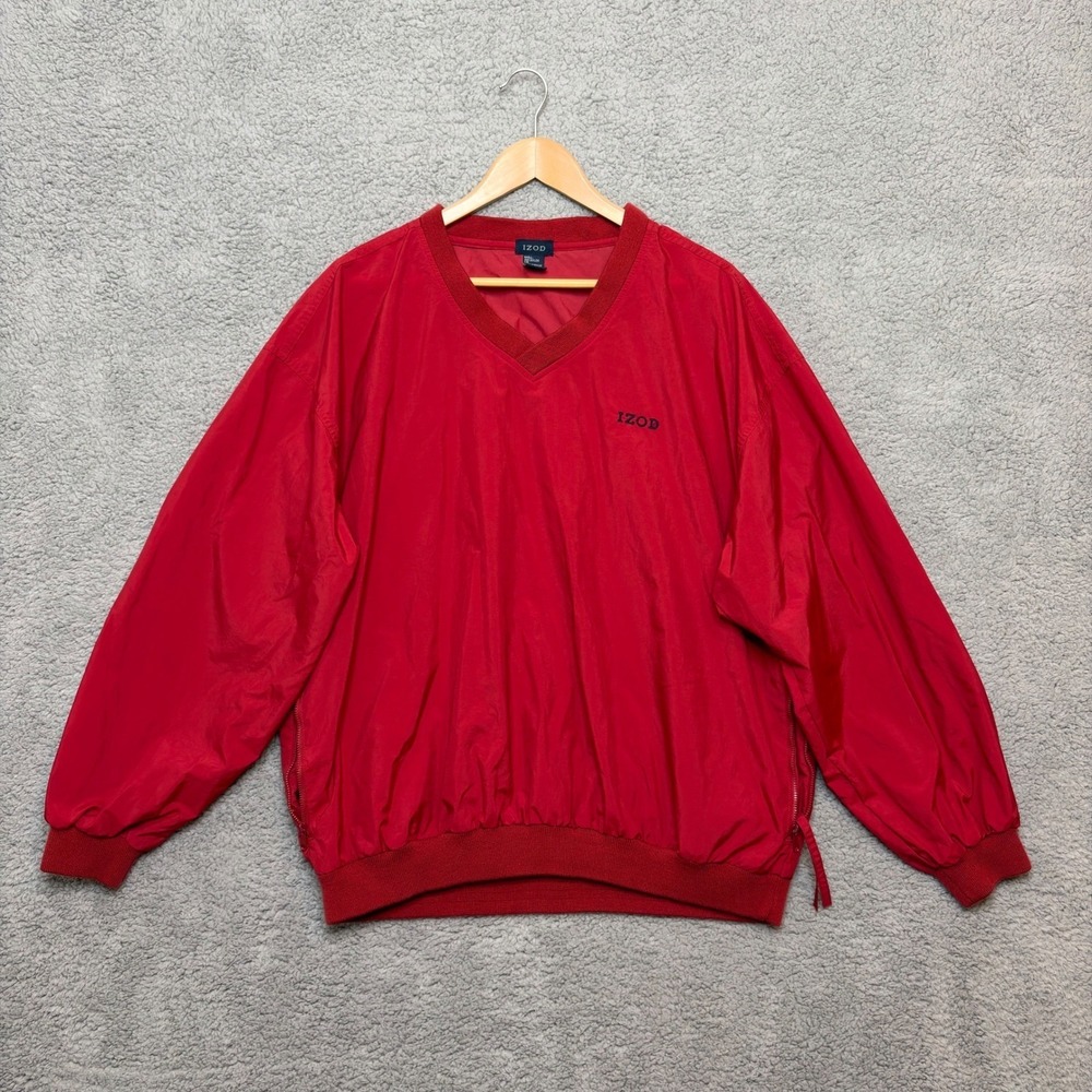 Vtg IZOD Windbreaker Men L Red PACKABLE Pullover Long Sleeve Nylon V-Neck 90s